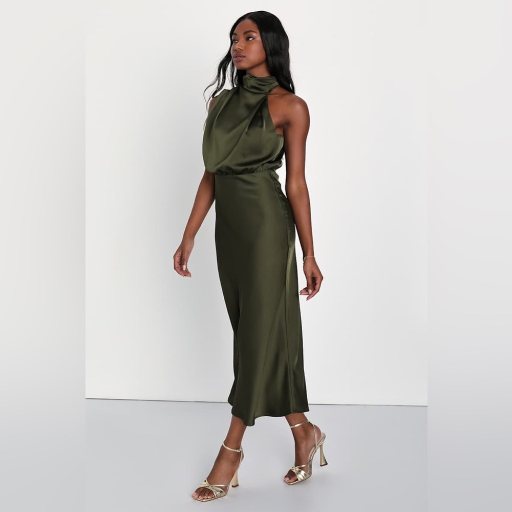 NWT Lulu's Distinctive Charm Olive Green Satin Asymmetrical Midi Dress - Picture 4 of 9